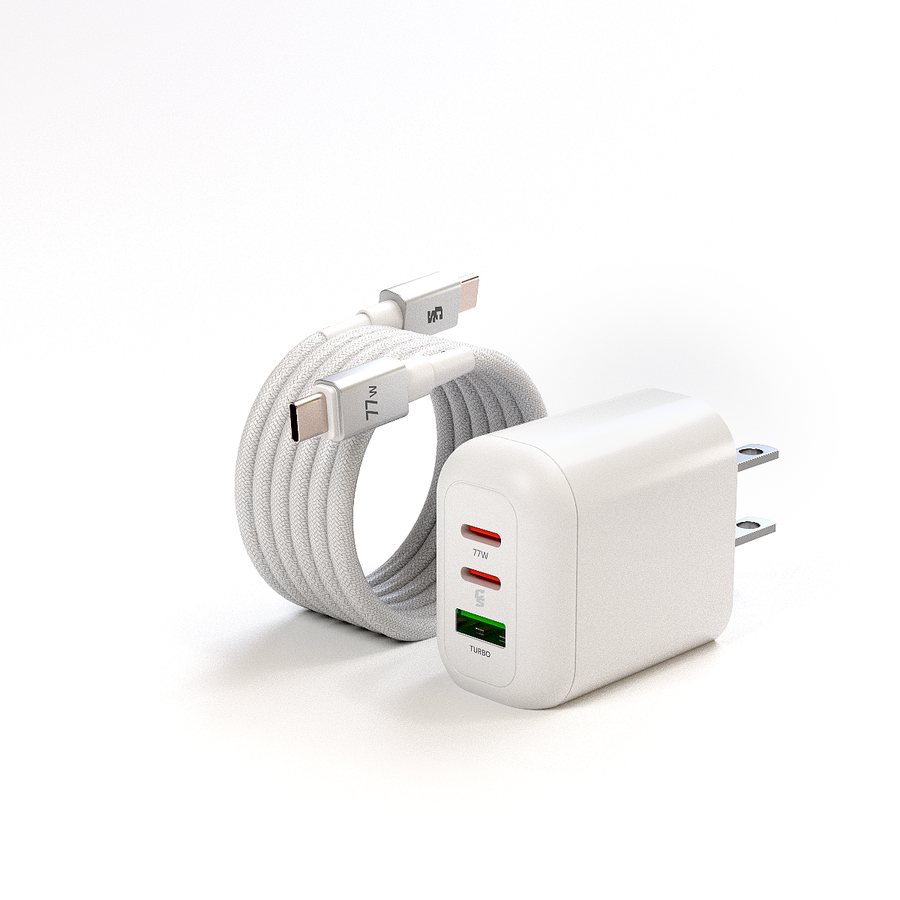 CARGADOR TURBO 77W GAN PRO + CABLE: 2 TIPO-C + 1 USB