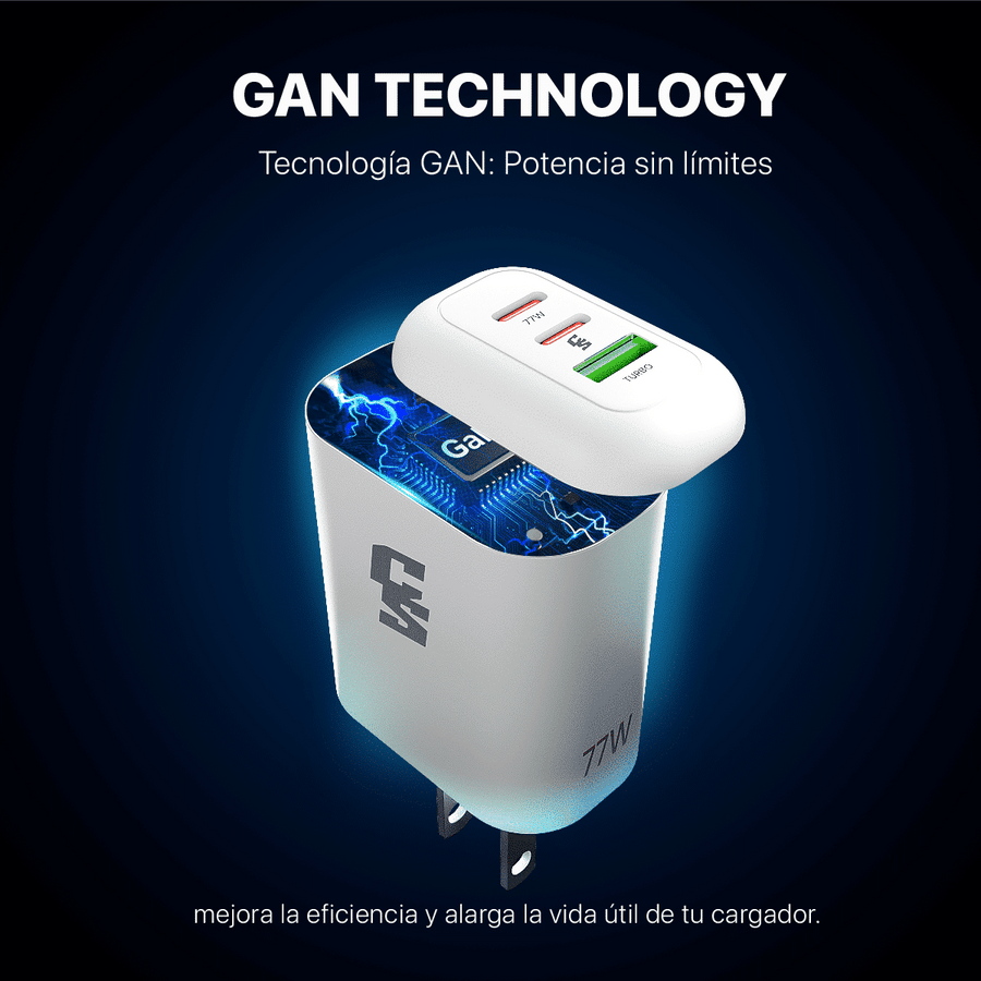 CARGADOR TURBO 77W GAN PRO + CABLE: 2 TIPO-C + 1 USB