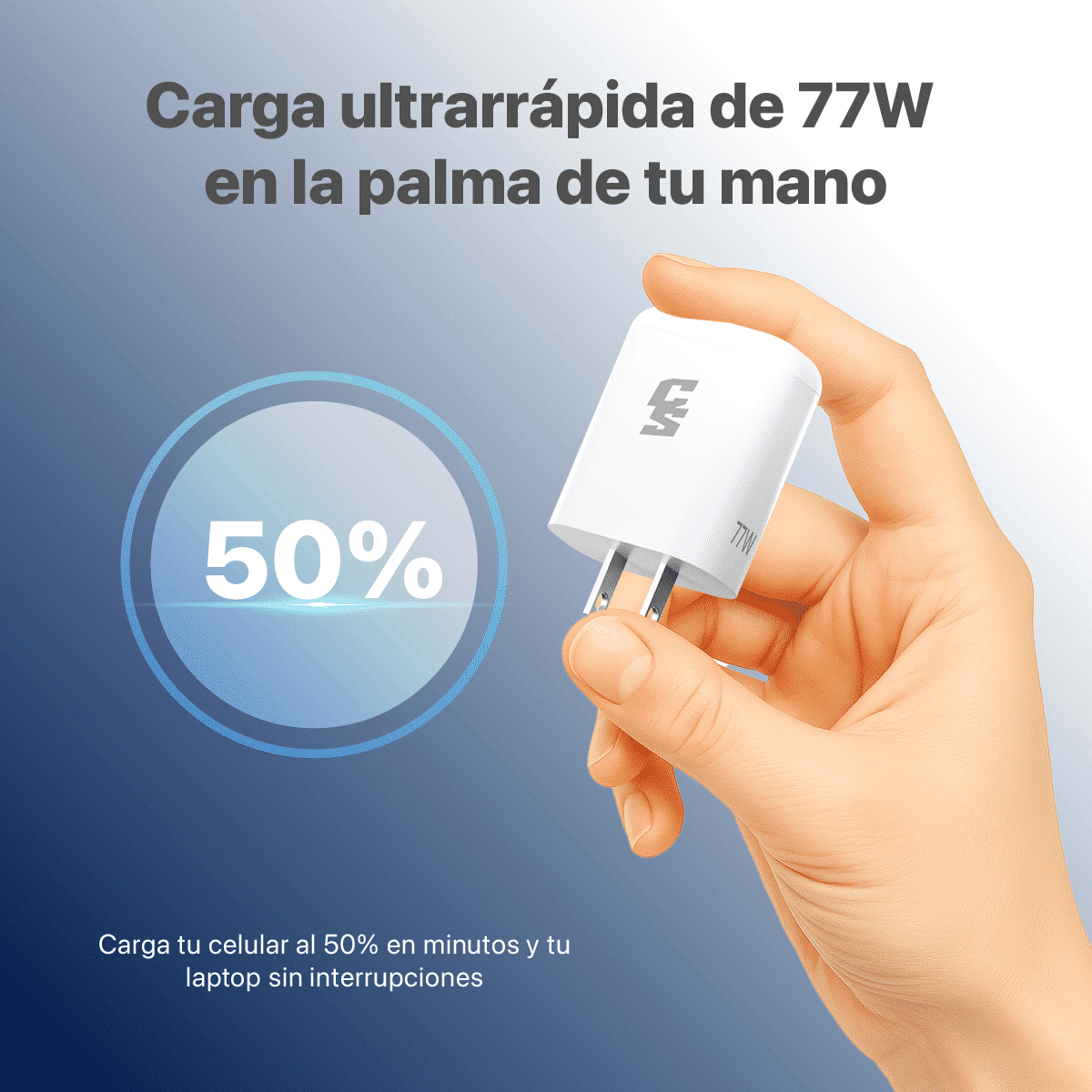 CARGADOR RAPIDO 77W GAN PRO + CABLE: 2 TIPO-C + 1 USB