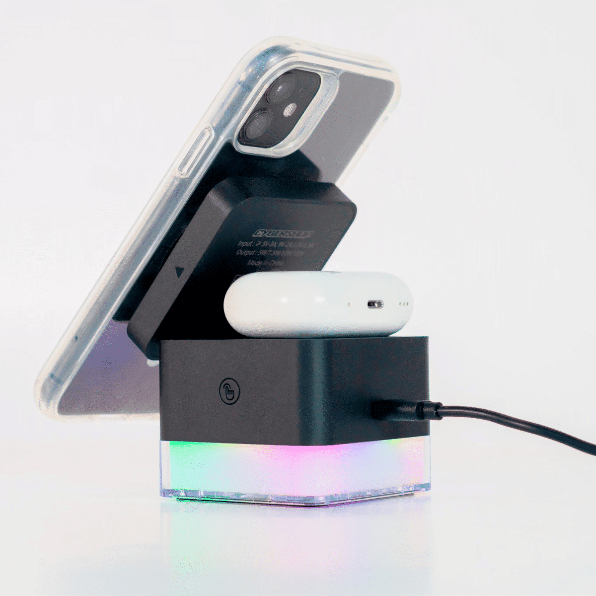 BASE DE CARGA 3 EN 1 CUBO RGB UNIVERSAL CYBERSHOP 15W NEGRO