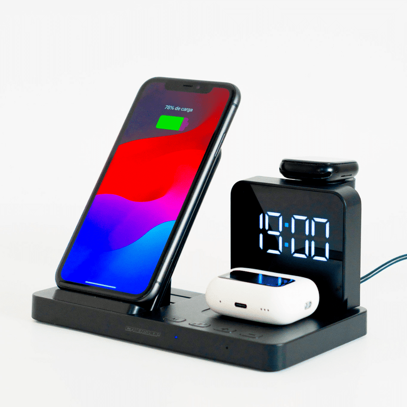 BASE DE CARGA 4 EN 1 WATCH/EARBUDS/PHONE/CLOCK NEGRO
