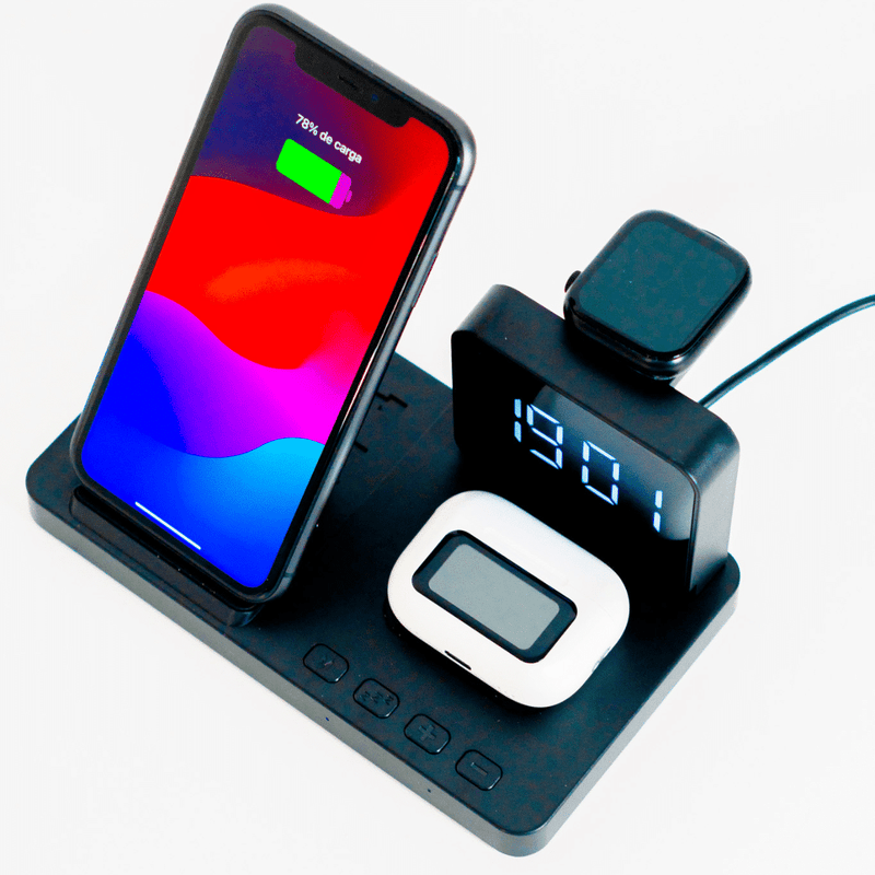 BASE DE CARGA 4 EN 1 WATCH/EARBUDS/PHONE/CLOCK NEGRO