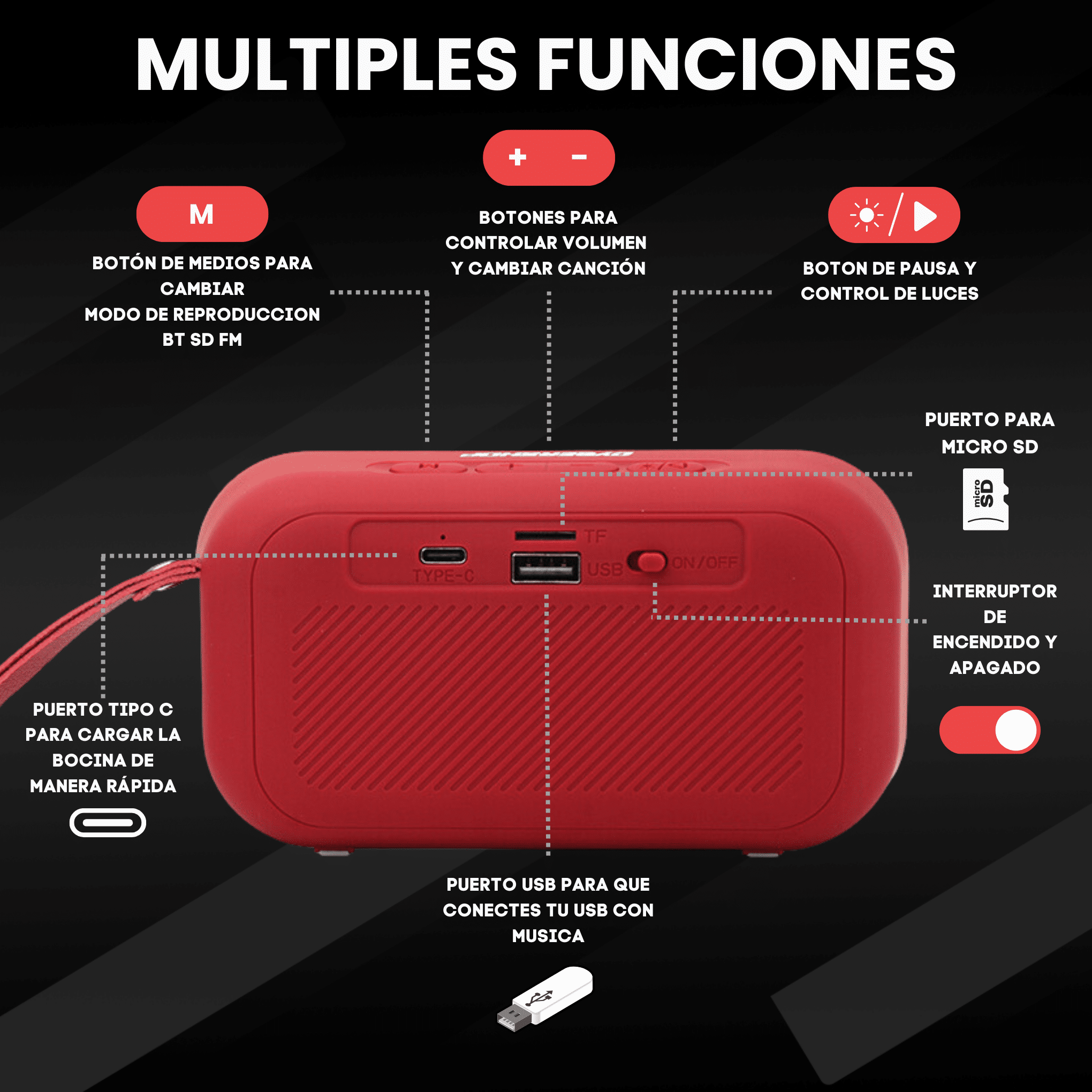 BOCINA BT/FM/USB/SD CYBERSHOP ROJA